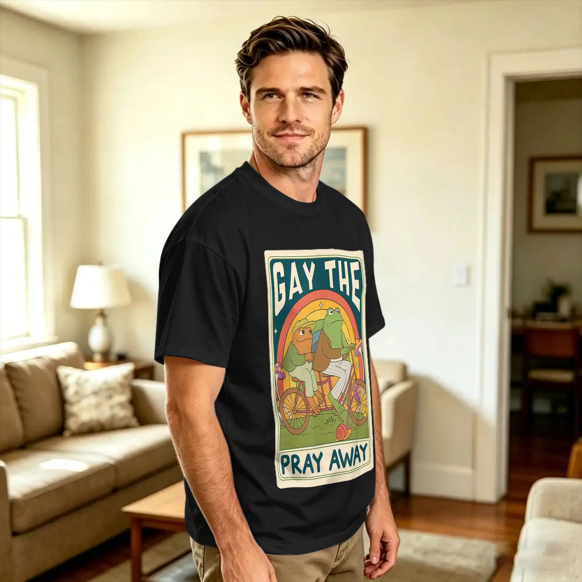 Gay The Pray Away Funny Frog Retro Pride LGBTQ Rainbow T Shirt Summer  100 Cotton T-Shirts For Men Custom Tee Shirt Short Sleeve