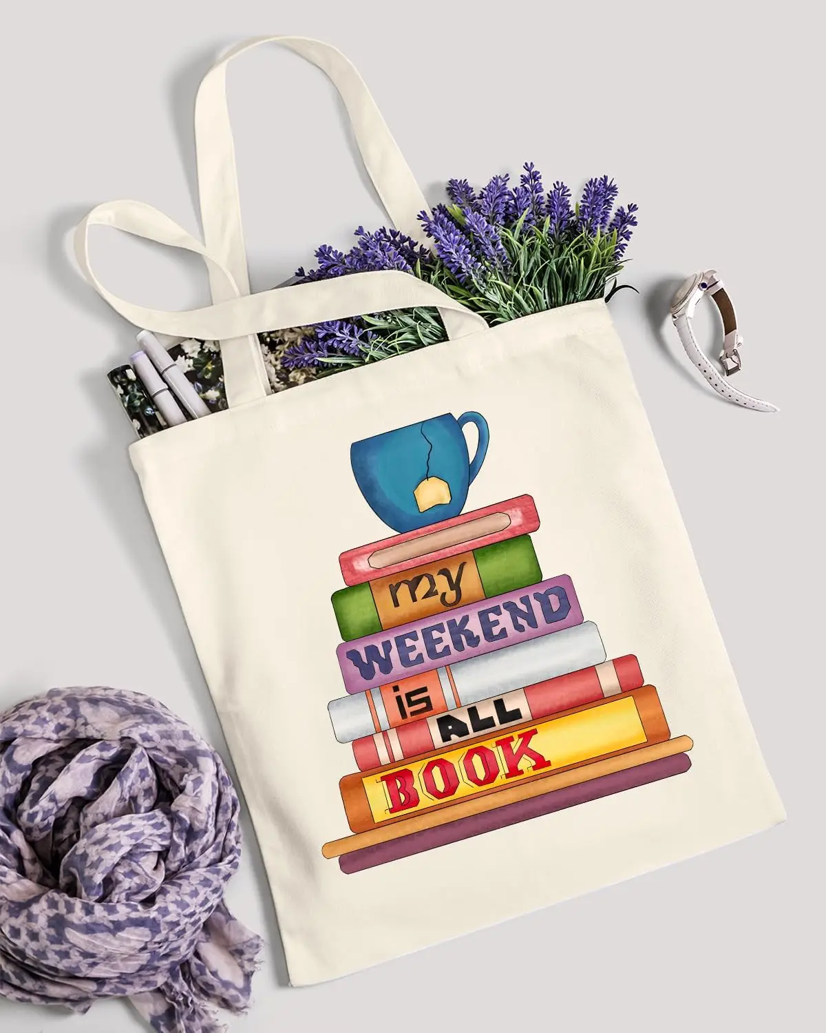 

Vintage Bookish Literature Rice White Canvas Shoulder Bag with Stacked Books and Tea Cup Pattern Weekend Shoulder Bag