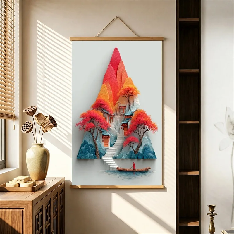 Wall Decorations Geometric Mountain Triangle Composition, Modern Minimal Pearlescent Canvas Hanging Scroll Decor for Home Office