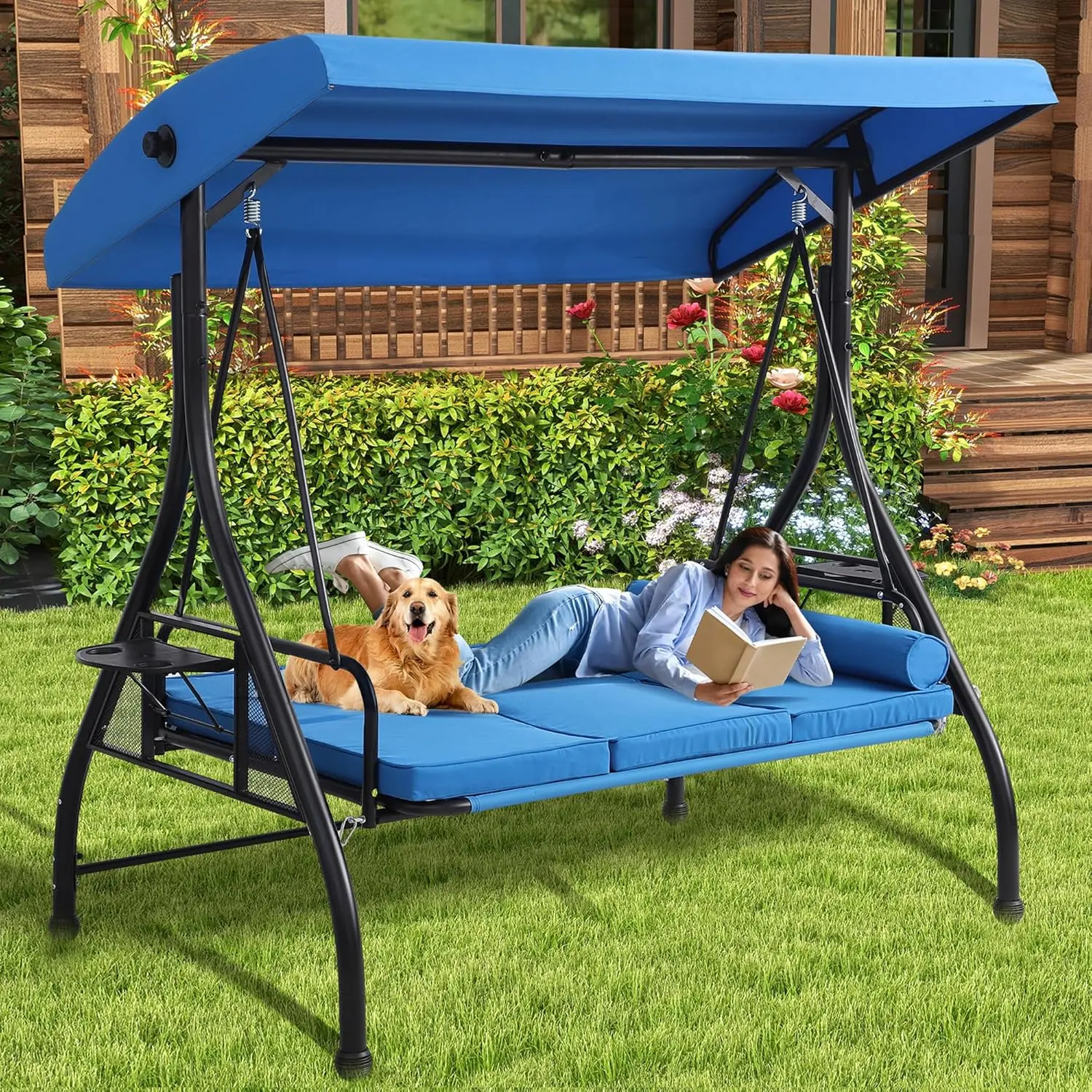 

3 Seat Outdoor Patio Swing with Stand 3 in 1 Porch Swing with Adjustable Canopy Deep Cup Holders Patio Glider Adult Swings
