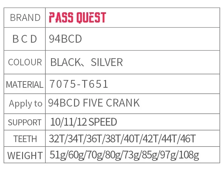 94 BCD chainring for 10/11/12 speed bike chain 32T/34T/36T/38T/40T/42T/44T/46T 5 bolt ROUND Narrow Wide Chainring