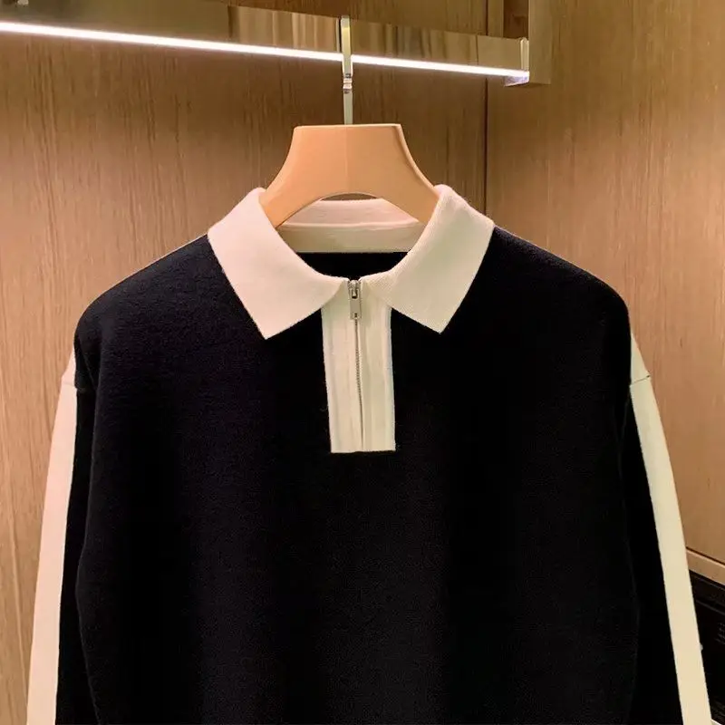 Mode baru musim gugur musim dingin sweater pria kerah Turn-down lengan panjang pakaian pria kasual rajutan Semua cocok atasan cantik