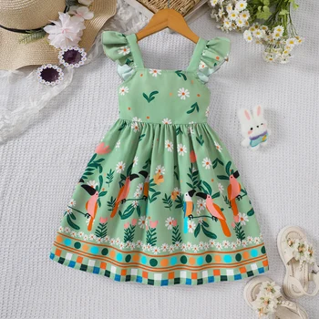 Girls' summer style small fly sleeve plant print dress
