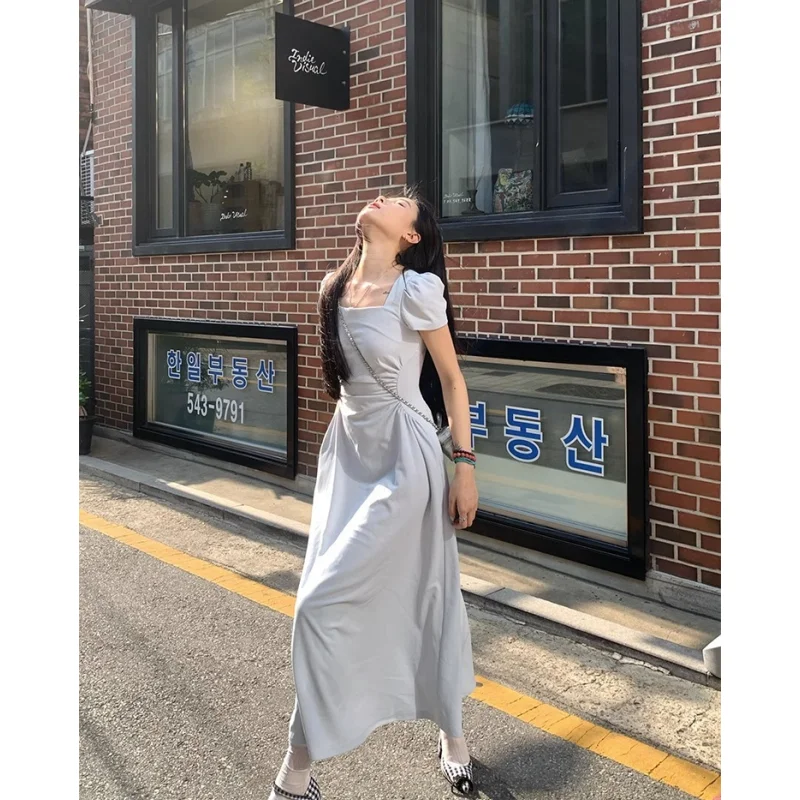 Summer Blue Dress Womens Solid Short Vintage Fashion Y2K Simple Miniskirt 2023 Female Dress Longuette Elegant Party Dress