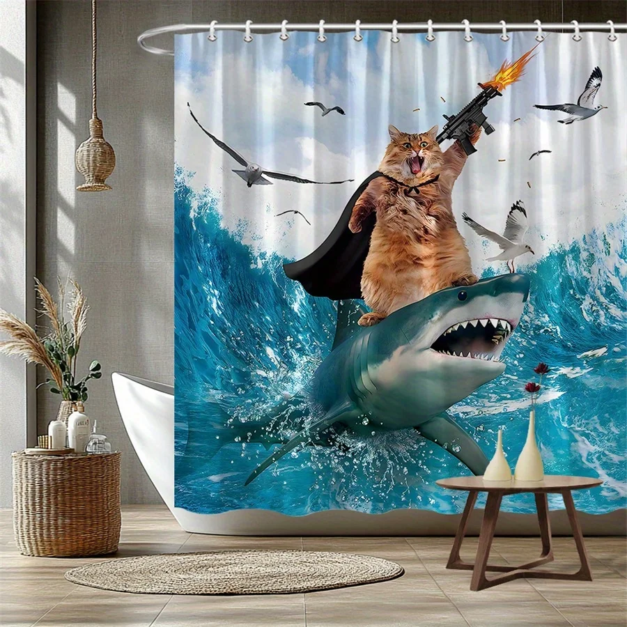 Large Novelty Cartoon Raccoon Shark Ocean Attack Print Shower Curtain Waterproof Bathroom Decor Art 180x180cm