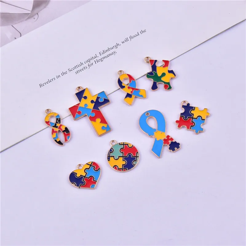 

10pcs Autism Awareness Enamel Pendant Cross Heart Ribbon Color Puzzle Jigsaw Charm Metal Bracelet Necklace Jewelry Findings