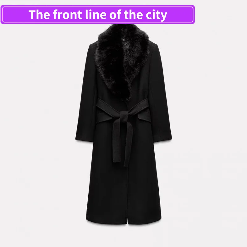 

Faionable Loose Leather Jaet Women's Ele Woolen Coat Long Sve Flip Collar Mid-Length Coat for Middle-Aged Women