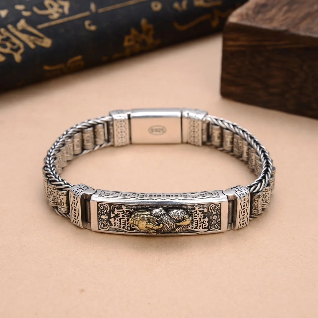 

Trendy animal year pixiu transshipment stylish hand-woven transfer bead warp barrel sterling silver bracelet men