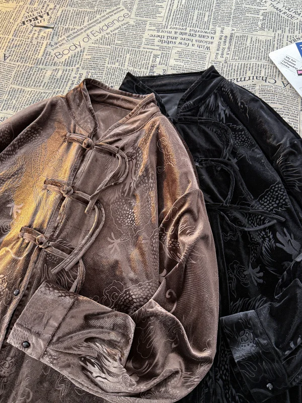 

Мужская осенняя новинка: вельветовый жакет в стиле ханьфу с воротником-стойкой, вышивкой дракона и пуговицами, длинная верхняя одежда