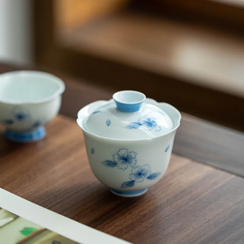 

Подглазурный чистый сине-белый чайник с ручной росписью, маленький свежий стильный чайник Gaiwan для сухого заваривания, чайная чашка, высококачественный чайный сервиз кунг-фу