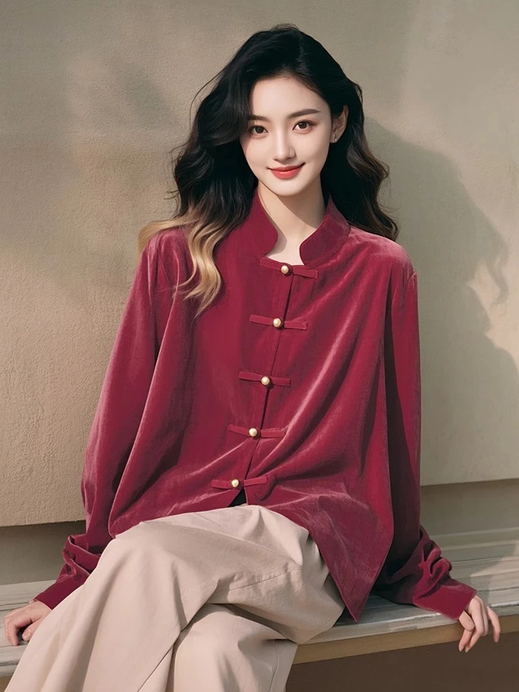 

Весна 2026: Новая китайская красная бархатная блузка с эффектом похудения, повседневная, модная, для офиса, с длинным рукавом, воротником-стойкой, цветная, женская.