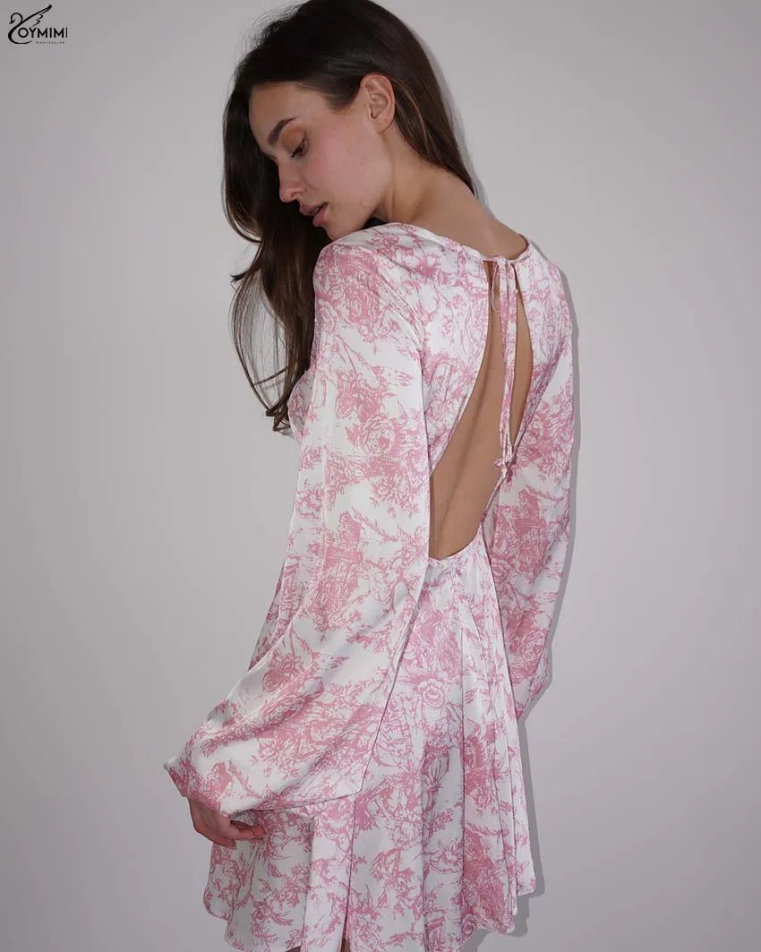 Sukienki damskie Oymimi Casual z różowym nadrukiem, modne sukienki z dekoltem typu O, długim rękawem, sznurowane, eleganckie sukienki mini z odkrytymi plecami, luźne, streetwear