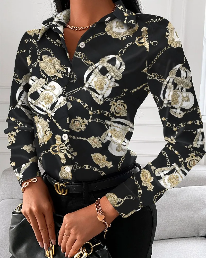 Women Fashion Wild Shirts Chain/Floral/Letter/Geometric Square Print Turn-Down Collar Long Sleeve Blouses