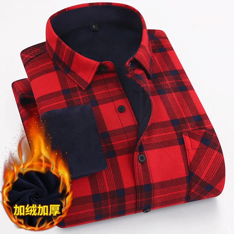 American size men\'s shirt long sleeve plus fleece thickening warm autumn and winter high quality non-ironing plaid large size