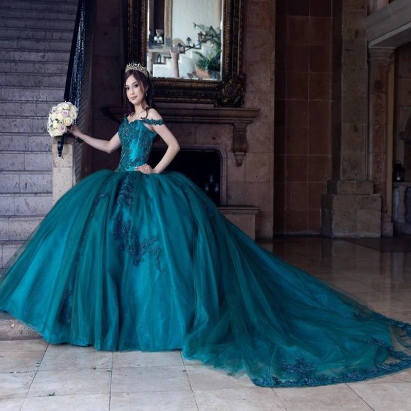 ANGELSBRIDEP-vestidos de quinceañera de color verde esmeralda para fiesta de 15 niñas, vestidos de princesa de cola de corte de tul con cuentas de encaje mexicano personalizados