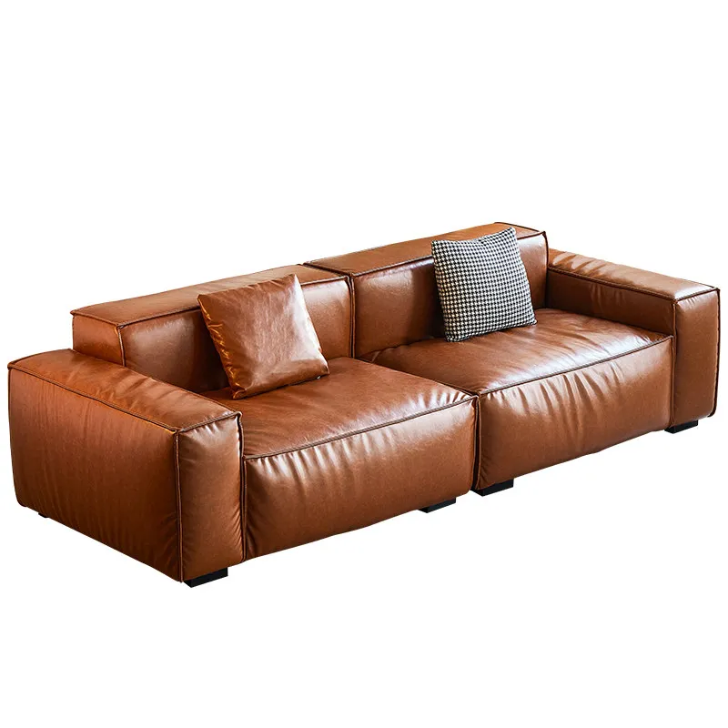 Leather sofa living room caramel color straight row three-person tofu block sofa small apartment
