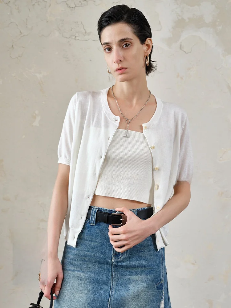 

COOBLOOM Knitted Short Sleeve Women's Open Cardigan Button Summer New Top Design Short Ladies T-shirt Cotton Pure Color