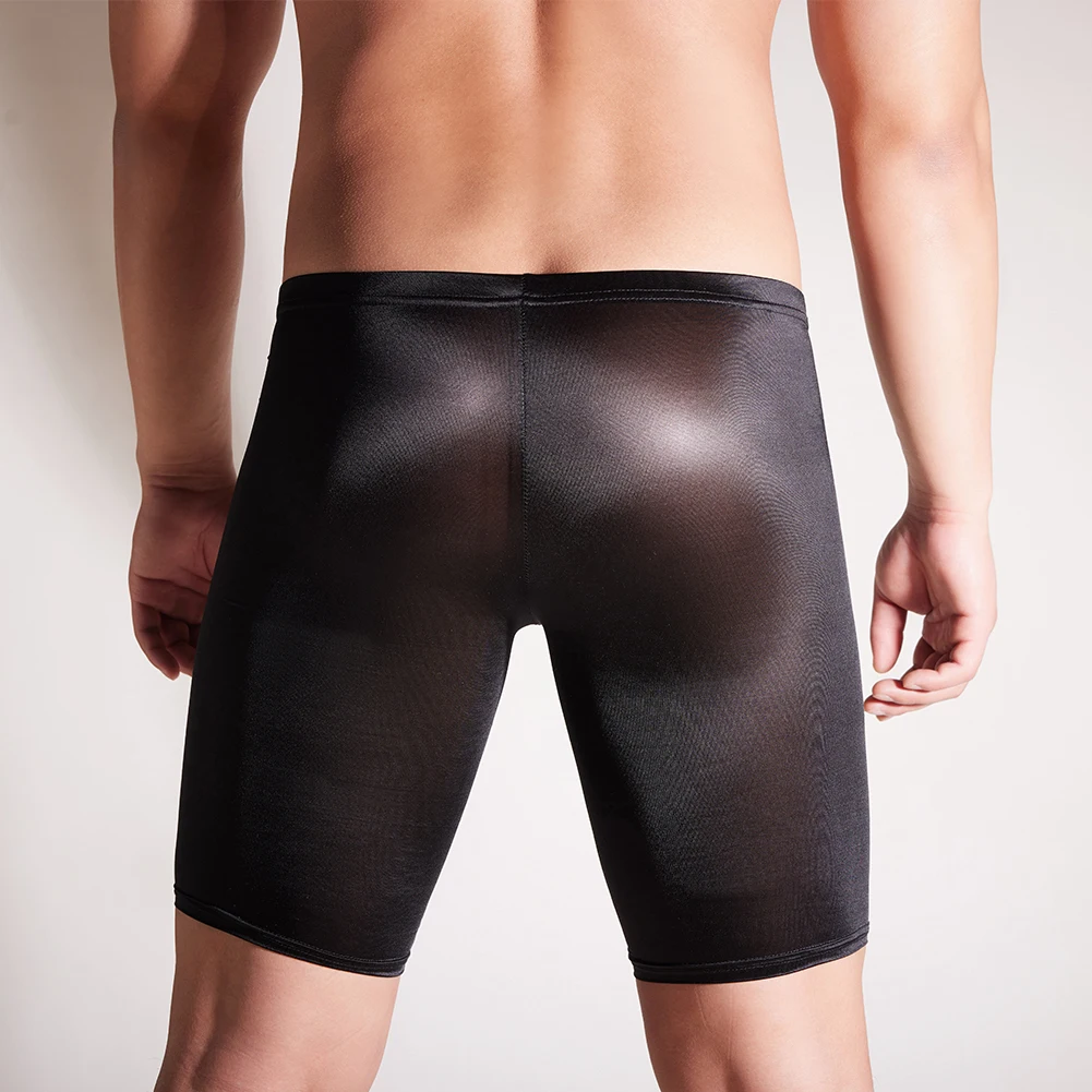 Men Oil Shiny Long Boxer Shorts Transparent Glossy Boxer Trunks See Through Lengthen Underwear See Through Yoga Bottoms Pant