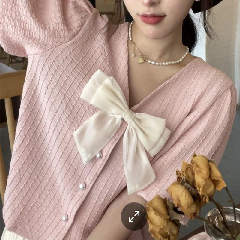 Women Stylish Bow Sweet Chic Luxury Beads Button Shirts Elegant V Neck Short Sleeve Blouses Female Solid Loose Kawaii Fairy Tops