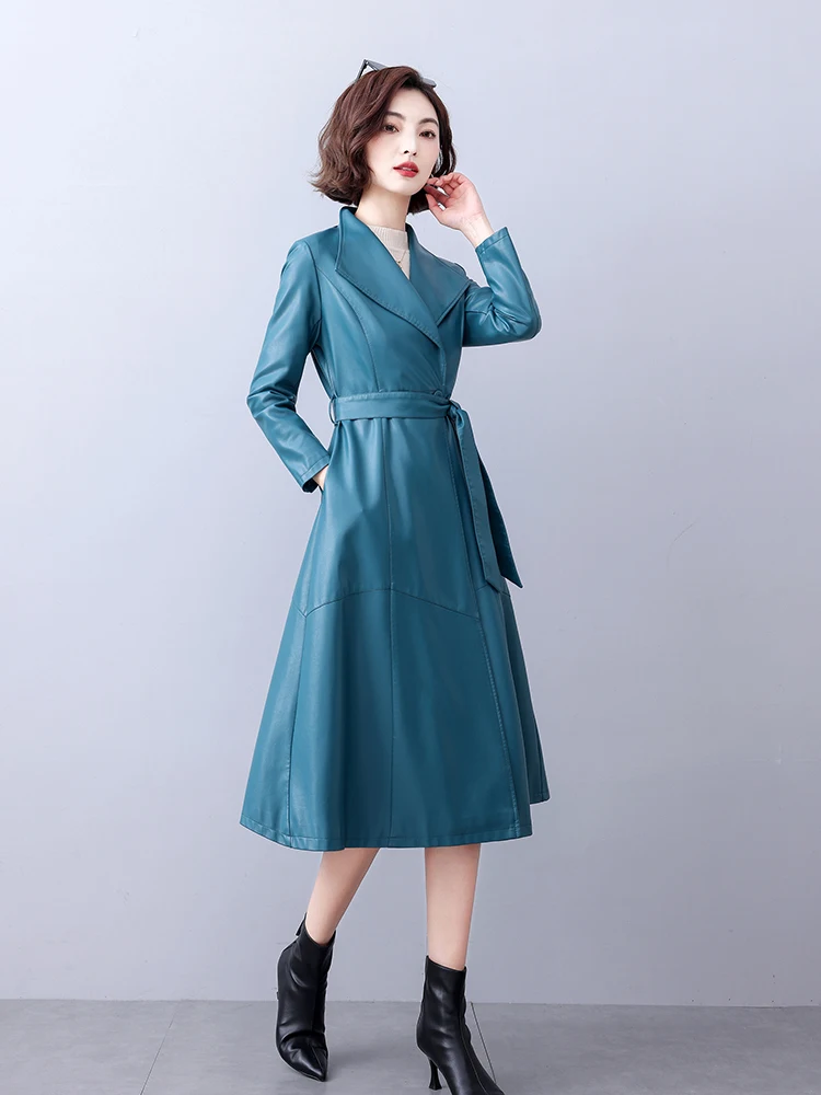 Ele Genuine Leather eepskin Coat Heining Women's Mid-Length Slim Fit Over-Knee Windbreaker Belted Commute Sle