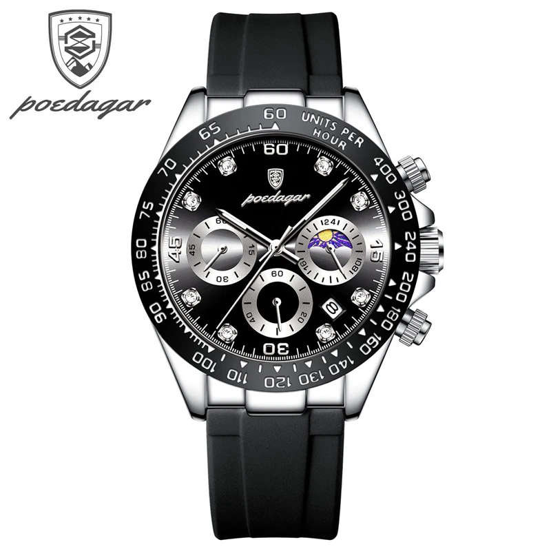 POEDAGAR Mens Watches Top Brand Luxury Chronograph Quartz Watch for Men Sports Silicone Strap Waterproof Watch Relogio Masculino