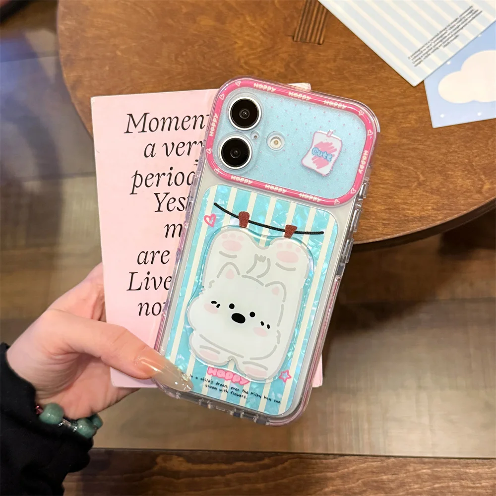 Cute Striped Hanging White Puppy Case For iPhone 15 16 17 ProMax Shockproof Shell Glitter Transparent Hard Phone Cover For Girls