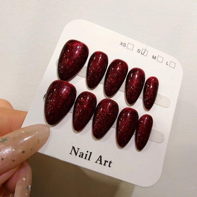 

10Pcs Handmade Nail Red Almond Shape with Glitter for a Brightening Effect Press-On Nail Tips Perfect as Gifts for Girls