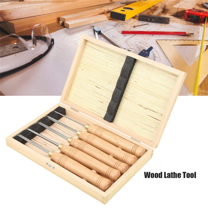 AB47-Juego de torno de herramientas para carpintería, herramientas de torneado de madera, juego de cinceles de torno, juego de 5 piezas para mangos de madera dura, acero de alta velocidad