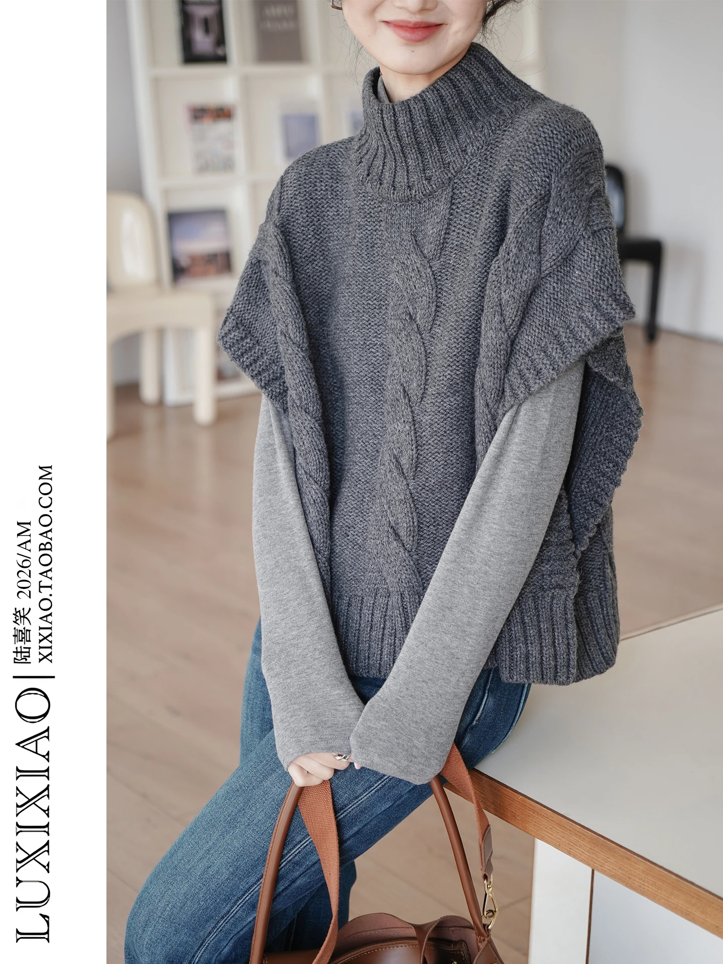 

LUXIXIAO Women's Knitted Thiened Woolen Vest High Collar Svel Twist oulder College Sle ey Sweater Outerwear