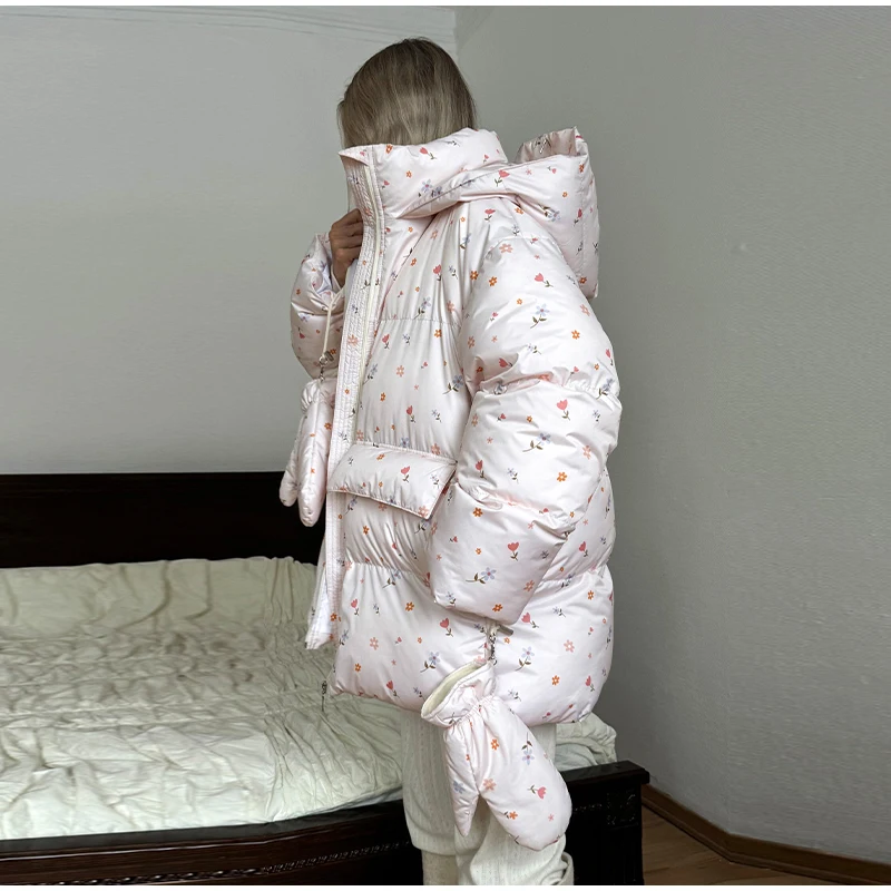 Unique Hooded Women's Winter Jacket Elegant Printed Thicken Pockets Full Sleeve Female Cotton Coat 2025 New Woman Coats Outwears
