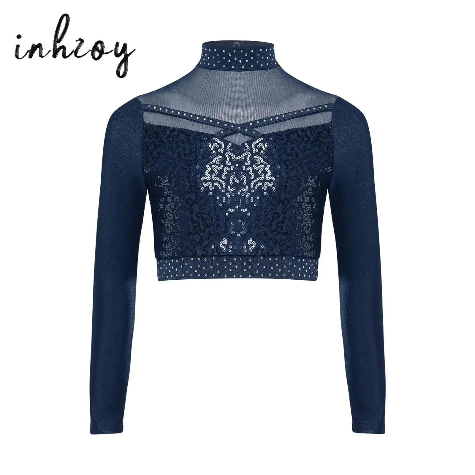 Kinder Mädchen Jazz Dance Top Streetwear Mock Neck Langarm Sheer Mesh Patchwork Glänzende Pailletten Crop Top für Performance Dancewear