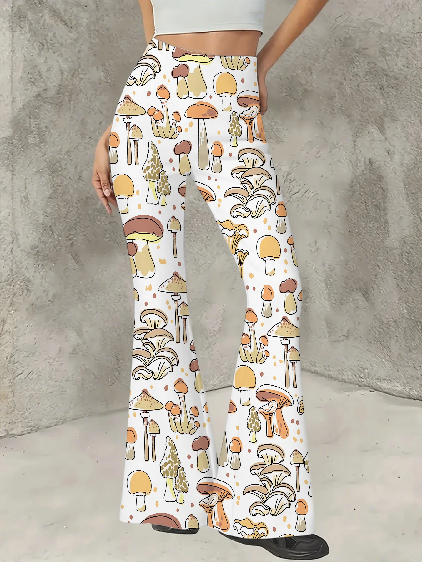 

Retro Printed Flare Pants Women High Waist Polyester Knit Bell Bottom Trousers