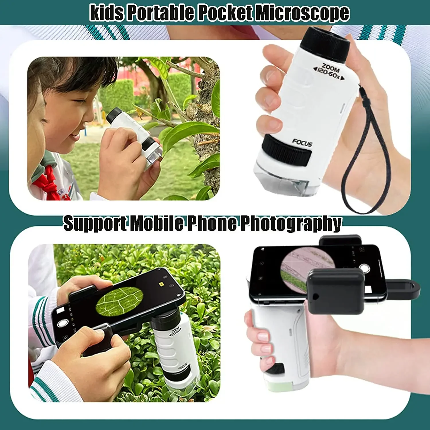 Discover with Kid's Pocket Microscope Scientific Learning Kit 60-120x Magnification Mini Handheld Microscope Educational Gift