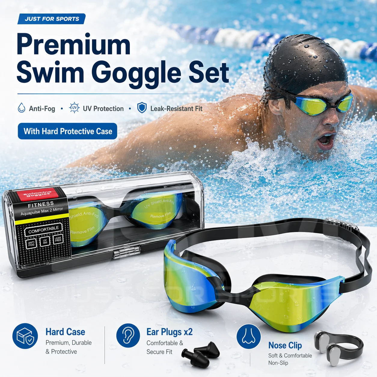 JSJM Neue Premium Schwimmbrille mit Hartschalenetui, Antibeschlag, UV-Schutz, auslaufsicher, mit Ohrstöpseln und Nasenklammer für Erwachsene