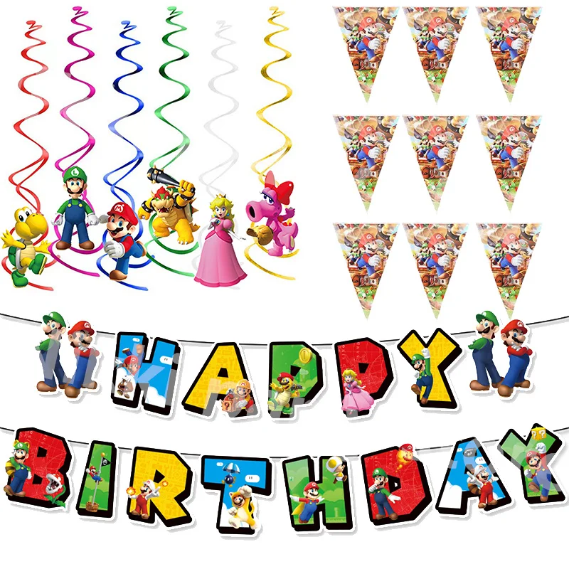 Mario Verjaardagsbanner Mario Bros Figuren Party Streamers Happy Birthday Party Gunsten Achtergrond Baby Shower Kids Boys Cadeaus Speelgoed