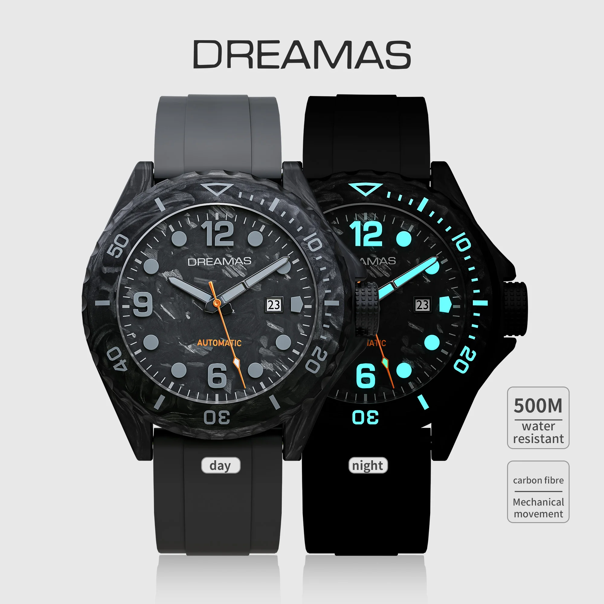 

DREAMAS Men's Carbon Fiber Diving Watch, Automatic Mechanical 500M Waterproof Swiss 3D Luminous Sport Wristwatch