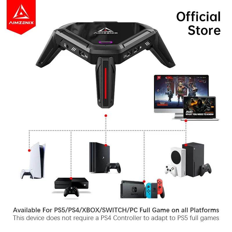 AIMZENIX MONSTER K&M Game Adapter for PS5, PS4, XONE, X360, XSS, XSX, N-Switch, Supports 3.5mm Headphones, APP