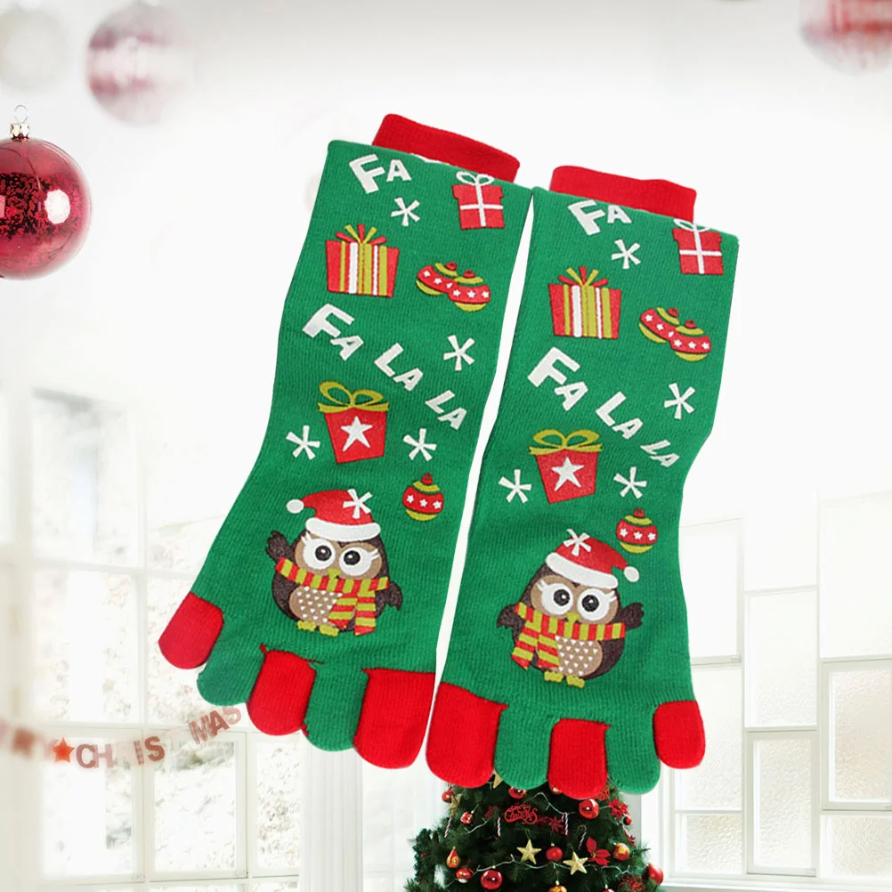 1 Pair Christmas Toe Socks Xmas Socks Five Fingers Long Socks Owl Printing Socks (Green) - Free Size