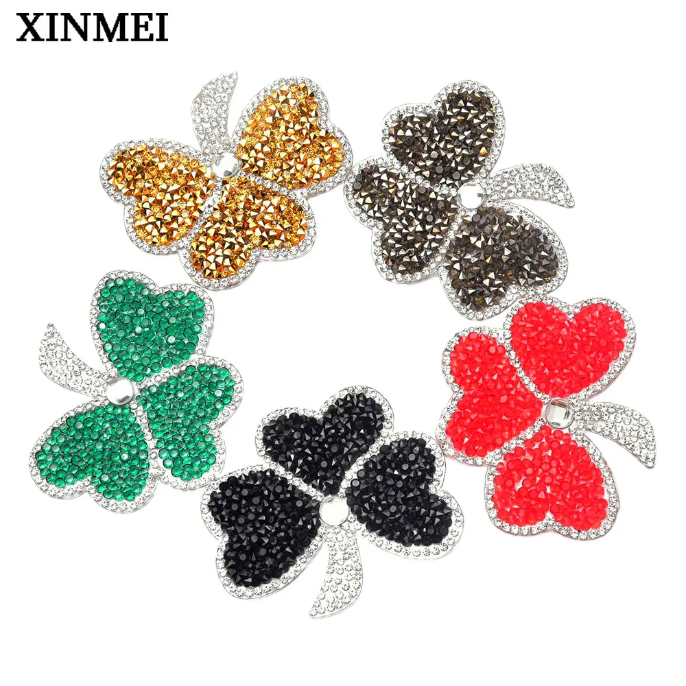 5Pcs Mixed Colors Hot  Fix Flower Rhinestone Applique Iron on Clothes Bags Shoes Diy Strass Shamrock Badge Crytsal Patches