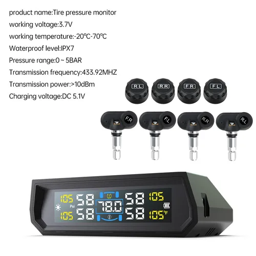 Imagen 2 del producto T17 TPMS para coche 4 sensores de neumáticos 433,92 MHz USB pantalla de temperatura alimentada por energía Solar sistema de monitoreo de presión de neumáticos alarma de seguridad de neumáticos automática