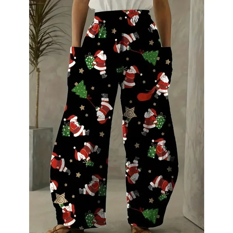 Plus Size Women Fashion Santa Claus Print Wide Leg Pants Casual Bottoms Trousers Sweatpants Loose