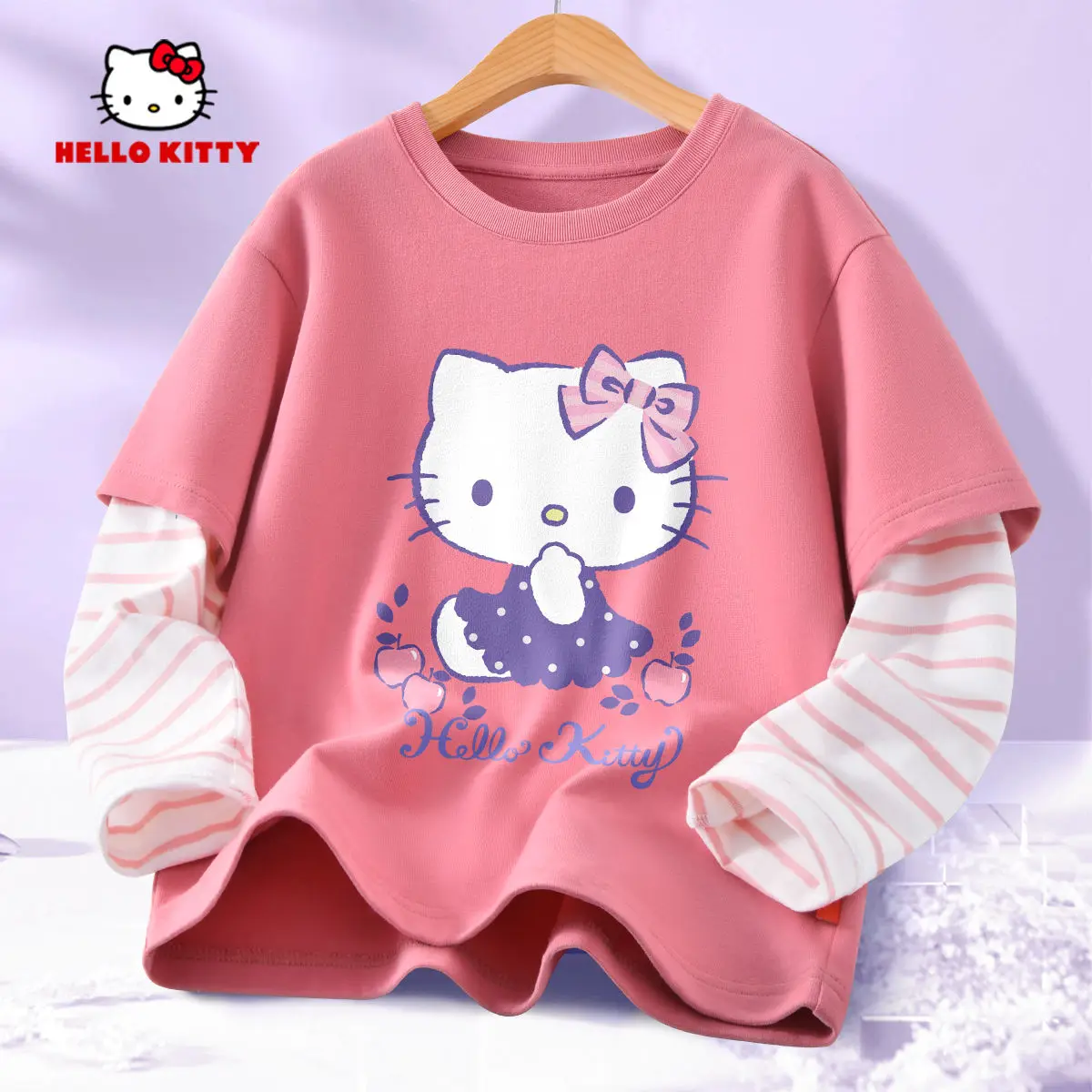 

Autumn Baby Girls 100% Cotton Clothes Top Kid Sanrio Hello Kitty Printed Pullover Children Stripe Patchwork Long Sleeve T-shrits