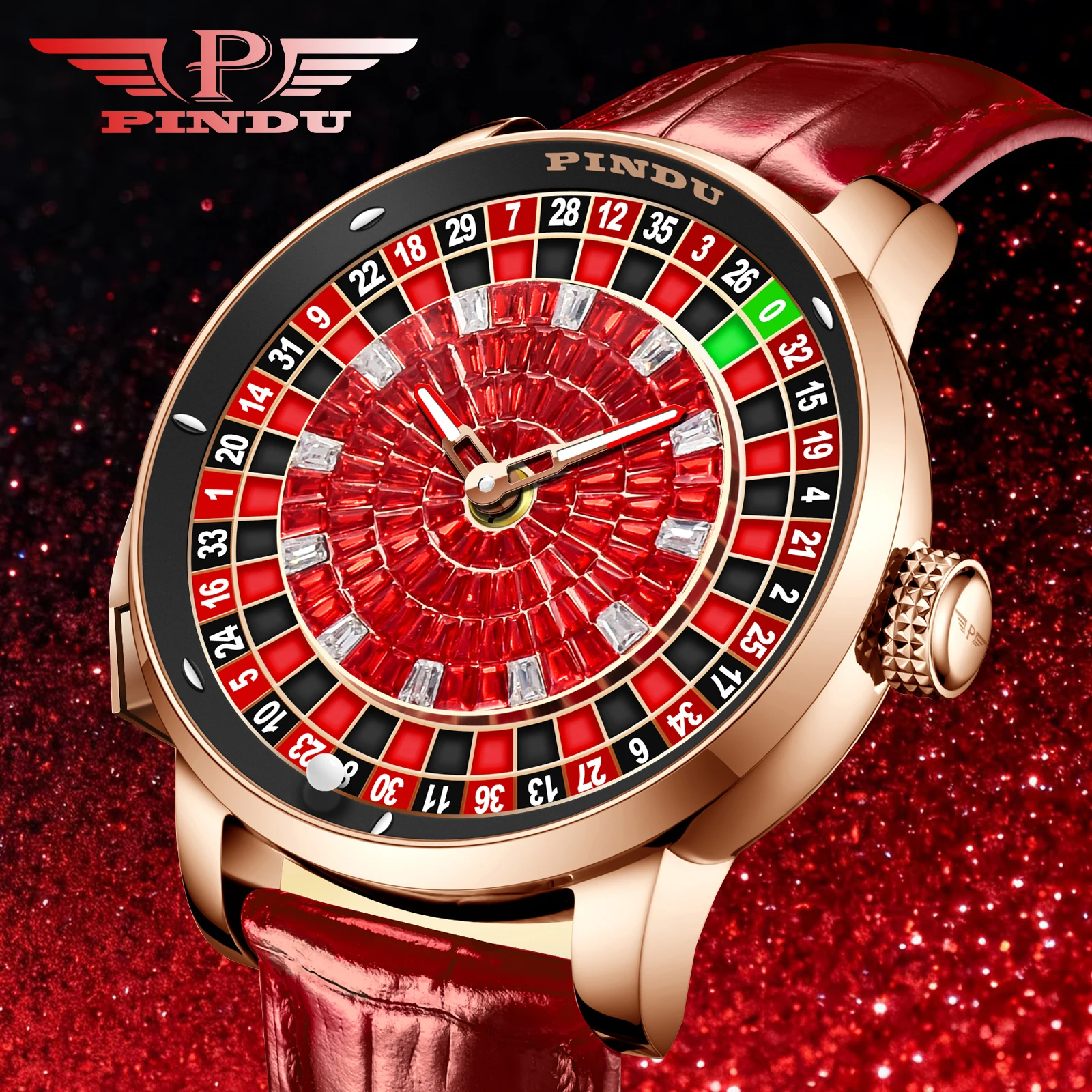 PINDU Design NEW Button Rotating Red Diamond Dial Mechanical Watch Men NH35 Movement Stainless Steel Top Luxury Automatic Watch