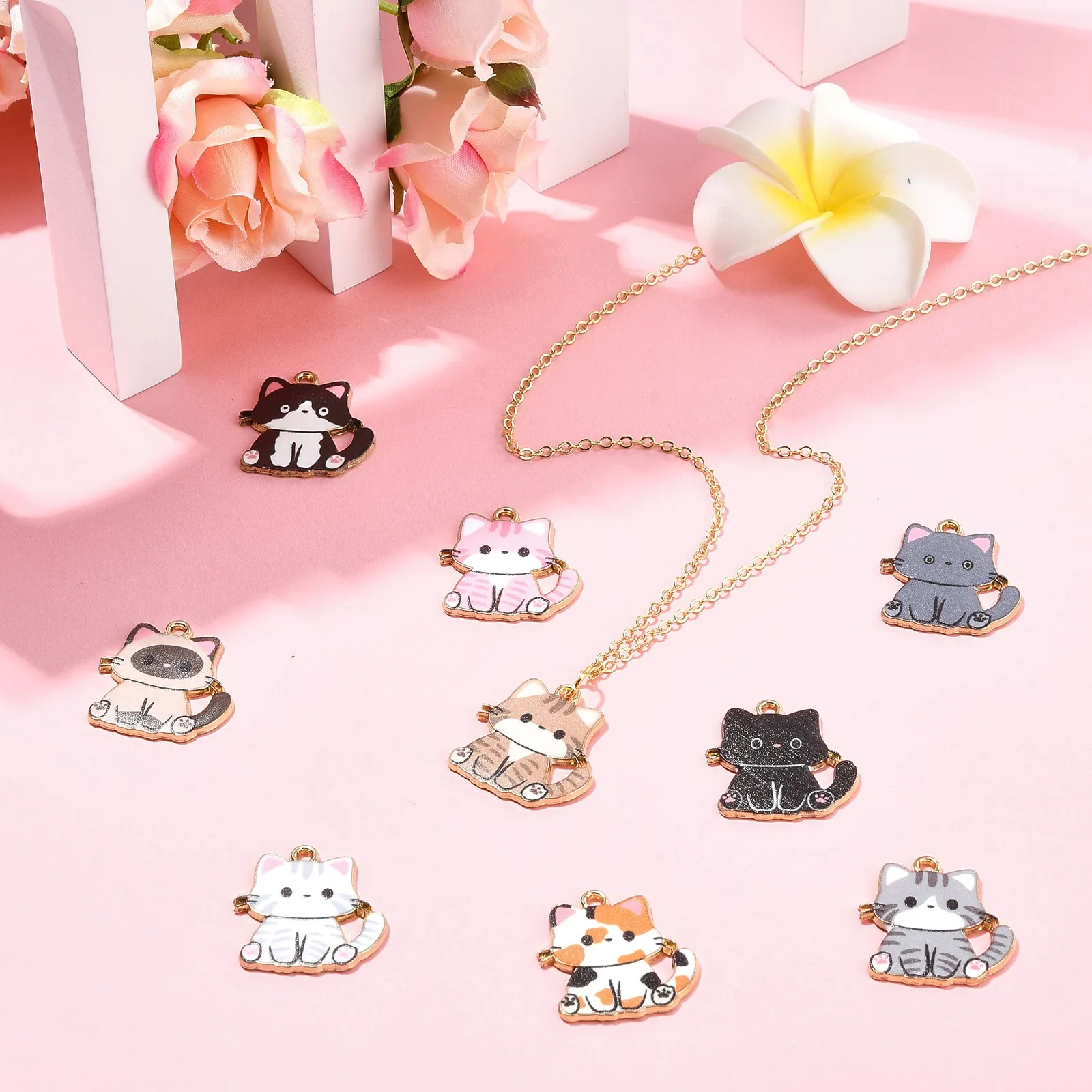 45Pcs 9 Styles Enamel Cat Charms Pendant Cute Kitten Animal Charms Small Flower Cat Charms for Jewelry