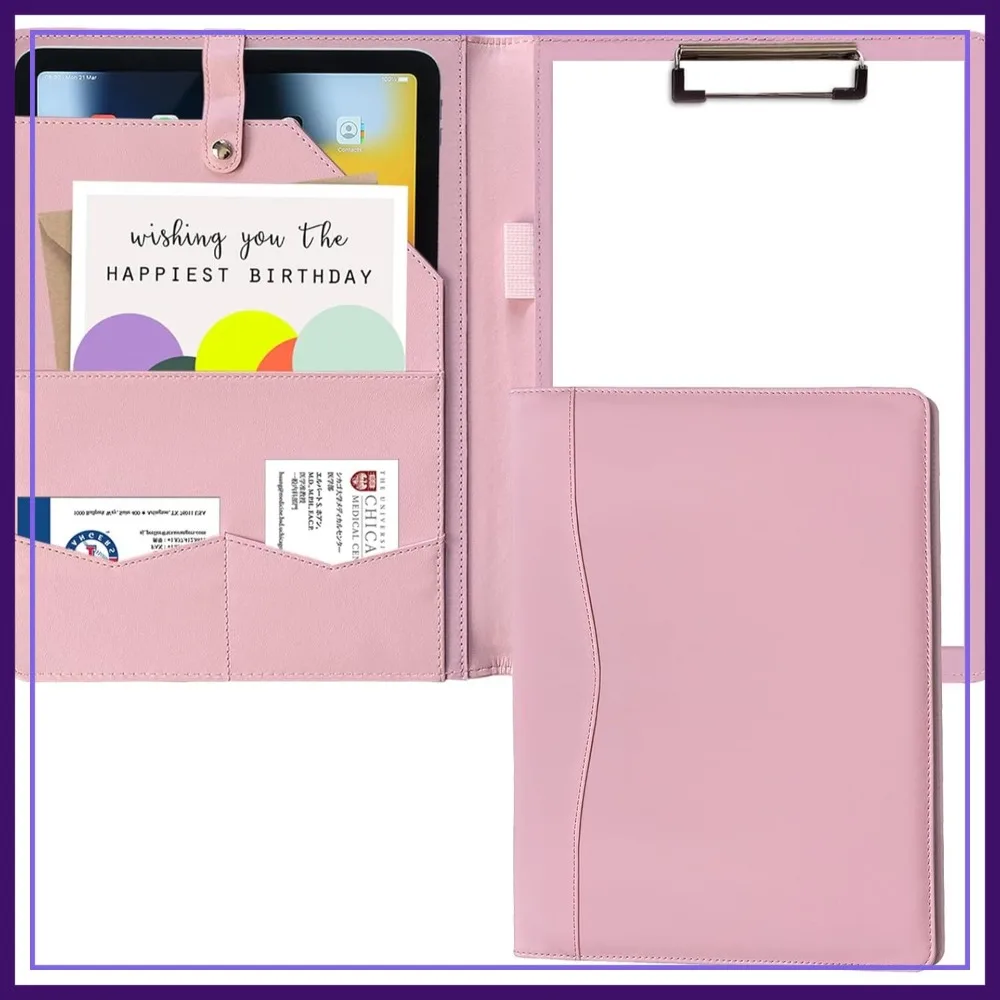 

PU Leather Portfolio Folder with A4 Clipboard, Business Binder Writing Pad, Document Organizer for Men Women, Pink