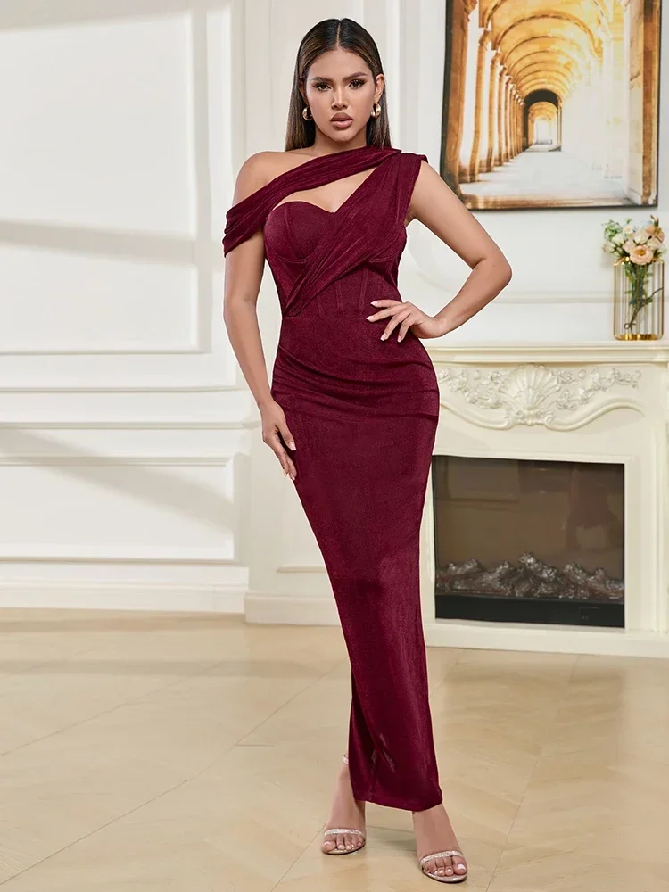 

Sexy One Shoulder Draped Slim Long Dress Women Wine Red Corset Patchwrok Bodycon Dresses Evening Celebrity Cocktail Gowns