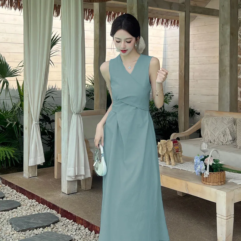 한국 패션 우아한 단색 여성용 V넥 크로스 타이 튜닉 고급 드레스 여름 캐주얼 휴가 베스트 롱 드레스