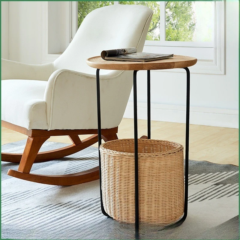 Nordic Solid Wood Double-Tiered Coffee Table Set – Rattan-Style Weave Living Room Corner Tea Table