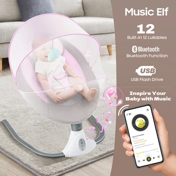 Automatischer elektrischer Baby-Türsteher, Schaukelstuhl, Wiege, Schaukelsitz, Hüpfburg, Schaukelstuhl mit Musik und Spielzeug für 0–12 Monate, 3–12 kg