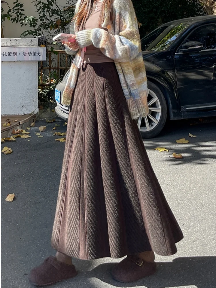 SMTHMA جديد الخريف الشتاء فرو المنك تقسم محبوك تنورة للنساء لينة عالية الخصر ألف خط كبير سوينغ متماسكة تنورة طويلة